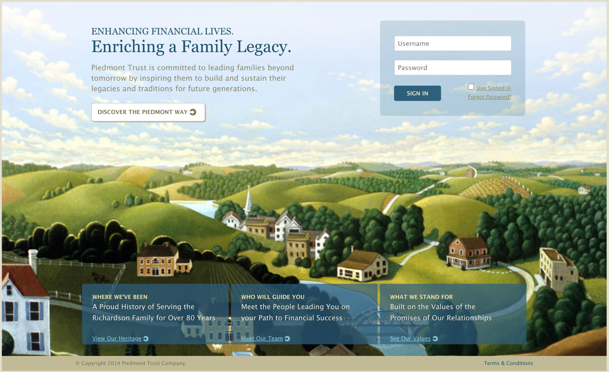 Original 2014 Piedmont Trust website homepage, showing an illustrated landscape, site navigation, and secure sign-in panel